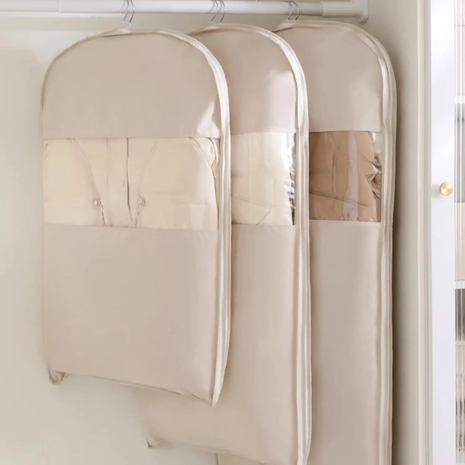 Space Saving Hanging Garment Bag with Self Compression Zipper | Dustproof Clothes Storage for Down Coats, Winter Jackets | Thick Closet Organizer Storage & Space Saver Bags (Beige, L)