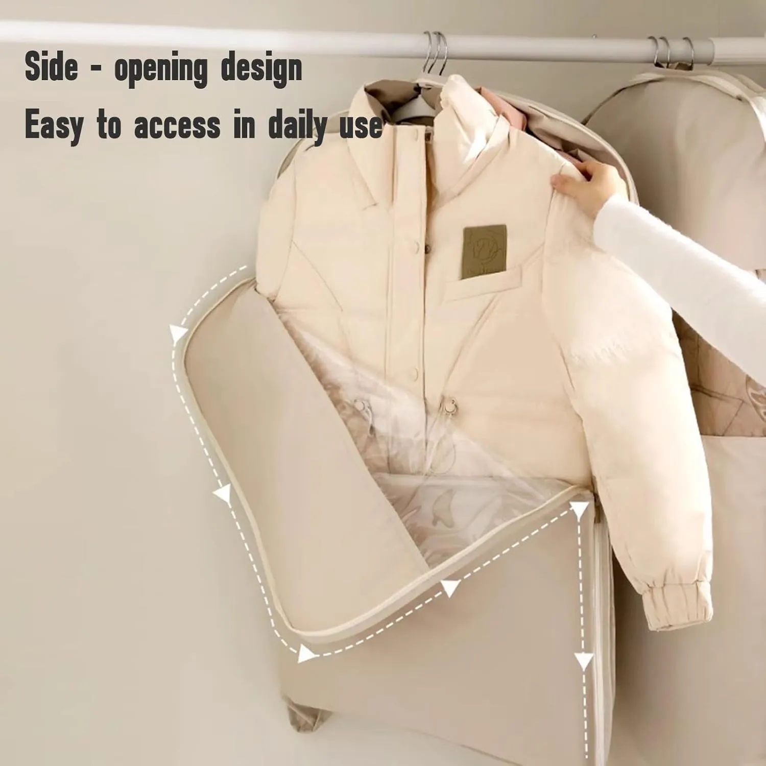 Space Saving Hanging Garment Bag with Self Compression Zipper | Dustproof Clothes Storage for Down Coats, Winter Jackets | Thick Closet Organizer Storage & Space Saver Bags (Beige, L)