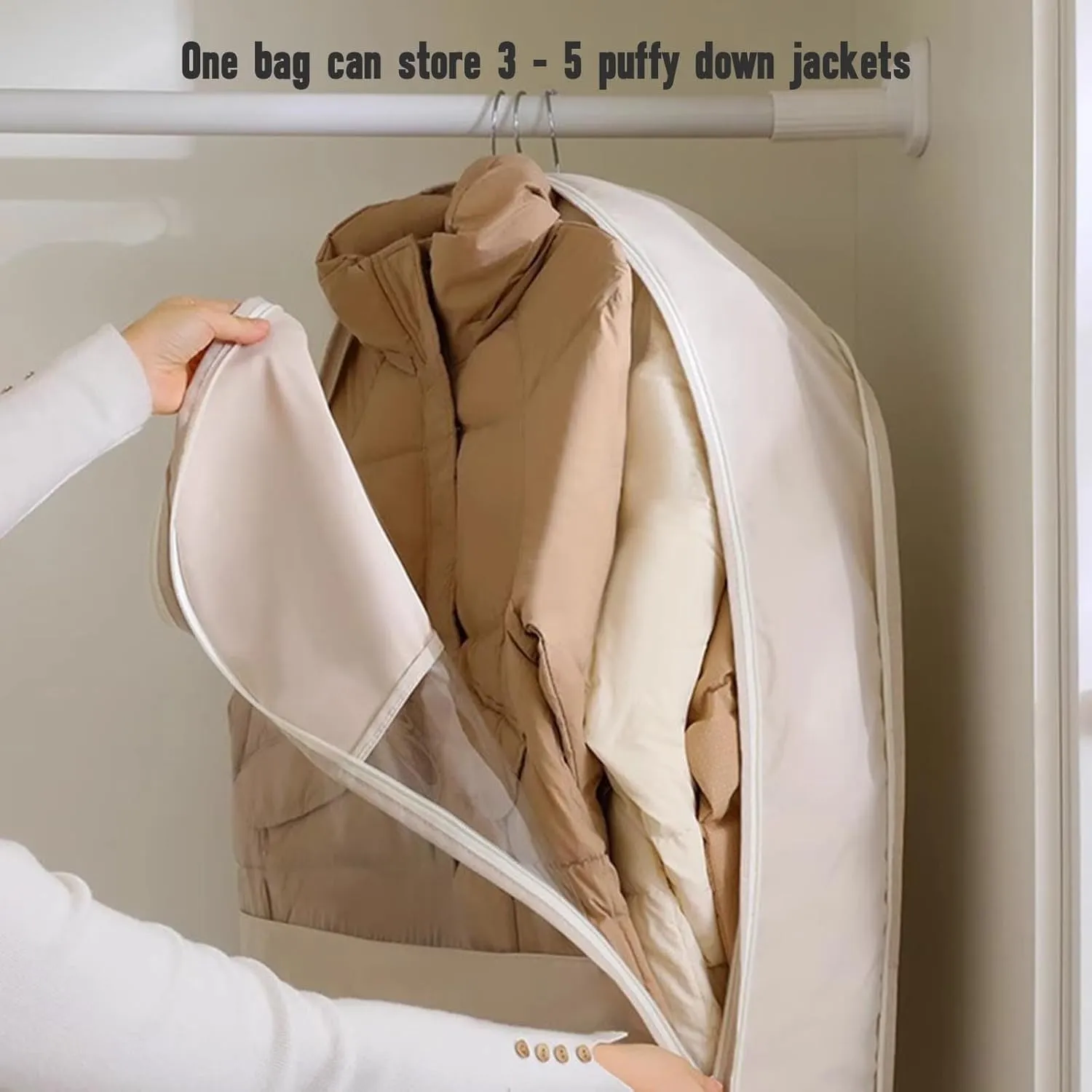 Space Saving Hanging Garment Bag with Self Compression Zipper | Dustproof Clothes Storage for Down Coats, Winter Jackets | Thick Closet Organizer Storage & Space Saver Bags (Beige, L)