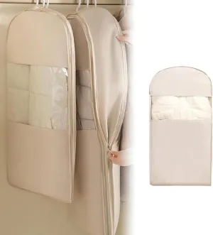 Space Saving Hanging Garment Bag with Self Compression Zipper | Dustproof Clothes Storage for Down Coats, Winter Jackets | Thick Closet Organizer Storage & Space Saver Bags (Beige, Size: 43inch)