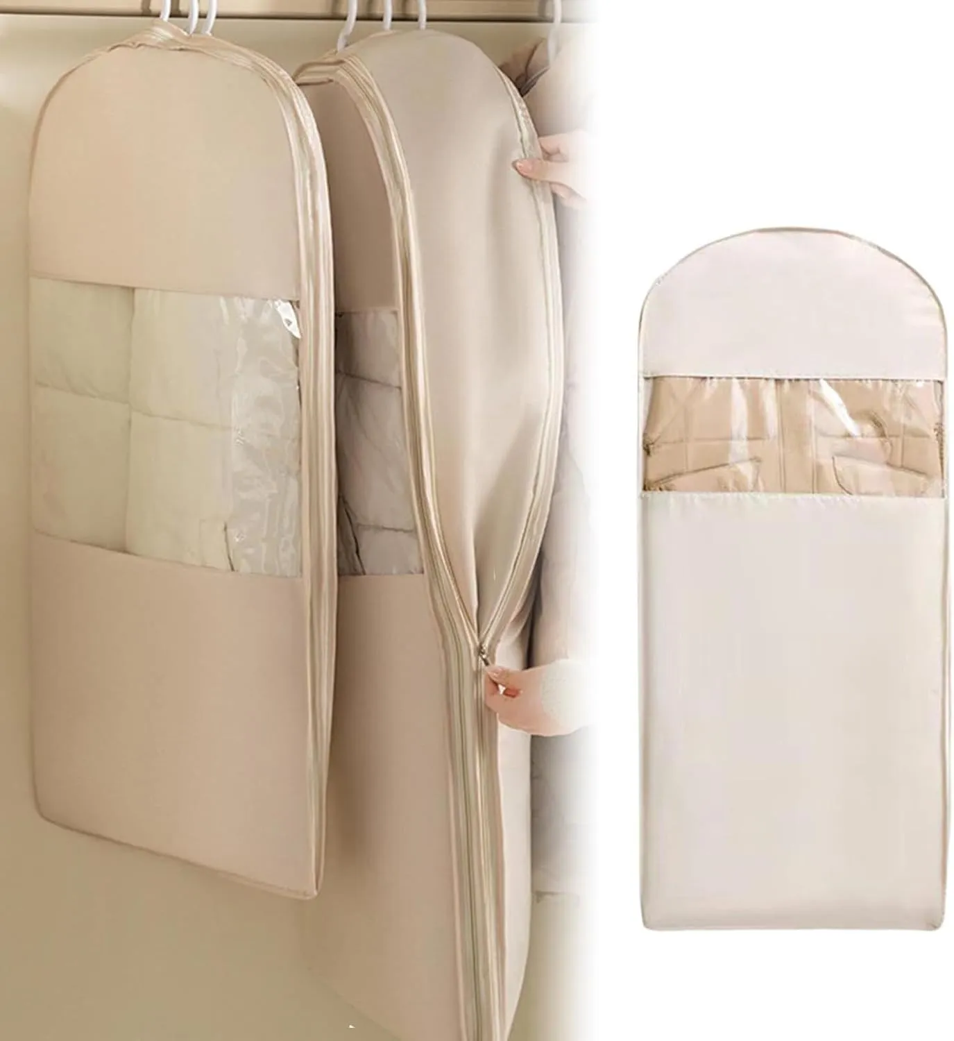 Space Saving Hanging Garment Bag with Self Compression Zipper | Dustproof Clothes Storage for Down Coats, Winter Jackets | Thick Closet Organizer Storage & Space Saver Bags (Beige, Size: 51inch)