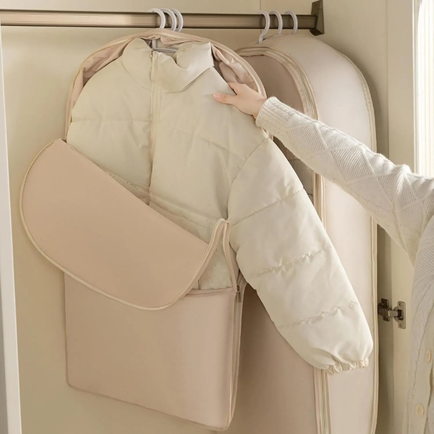 Space Saving Hanging Garment Bag with Self Compression Zipper | Dustproof Clothes Storage for Down Coats, Winter Jackets | Thick Closet Organizer Storage & Space Saver Bags (Beige, Size: 51inch)