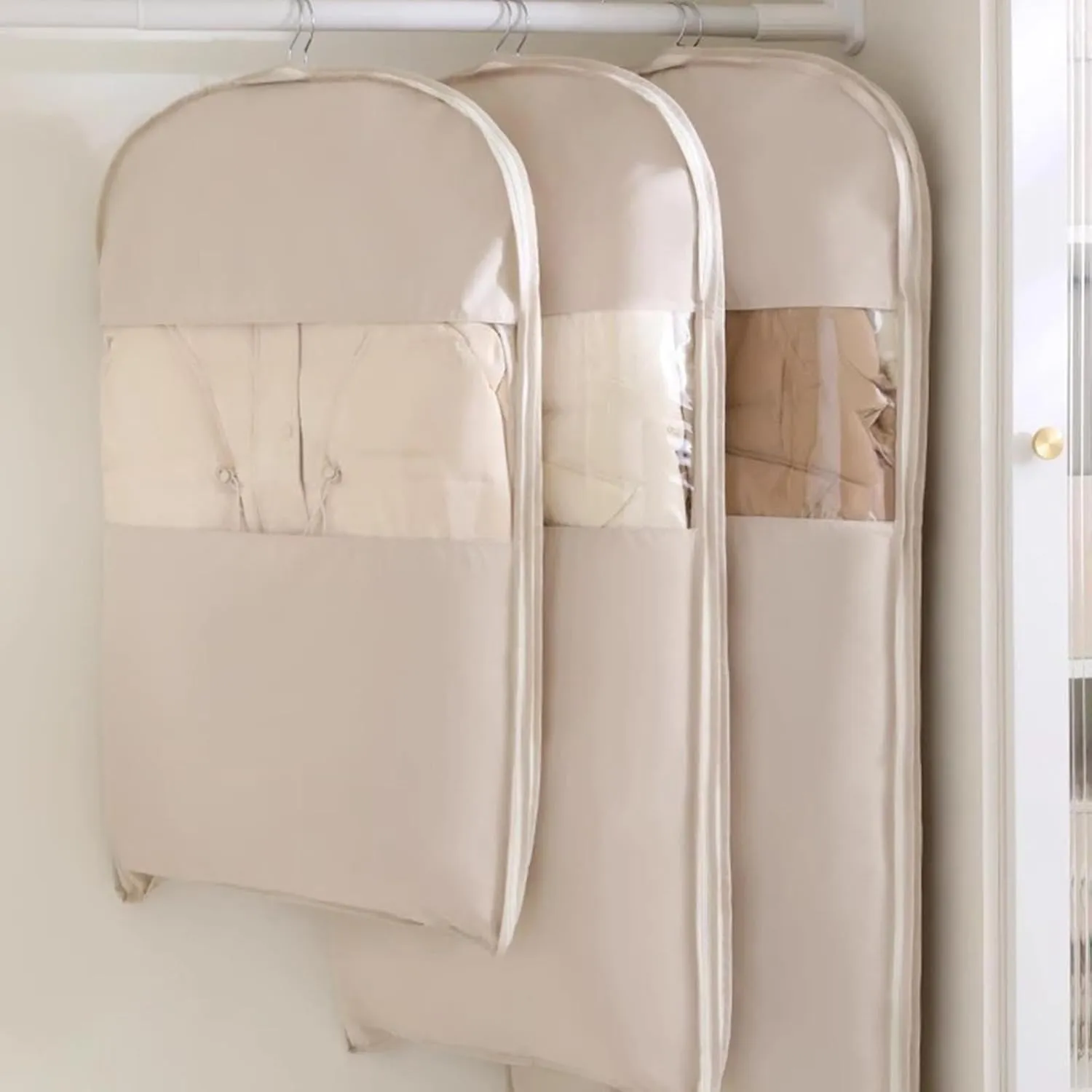 Space Saving Hanging Garment Bag with Self Compression Zipper | Dustproof Clothes Storage for Down Coats, Winter Jackets | Thick Closet Organizer Storage & Space Saver Bags (Beige, Size: 51inch)