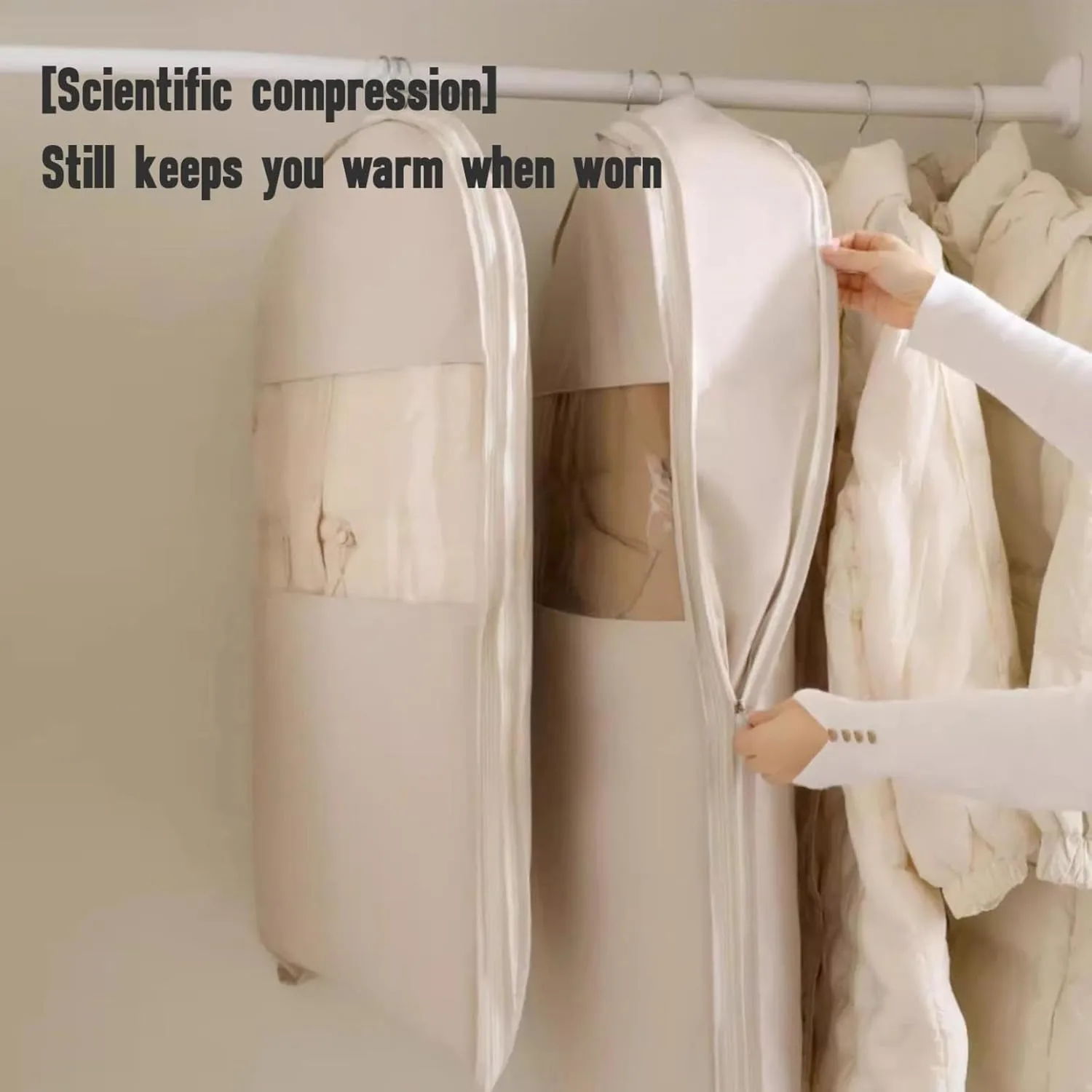 Space Saving Hanging Garment Bag with Self Compression Zipper | Dustproof Clothes Storage for Down Coats, Winter Jackets | Thick Closet Organizer Storage & Space Saver Bags (Beige, Size: 51inch)