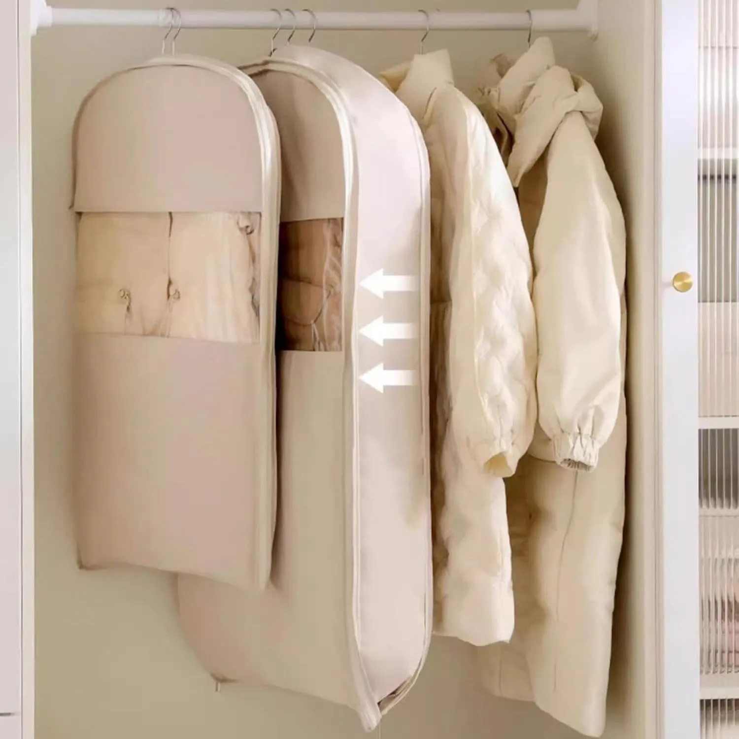 Space Saving Hanging Garment Bag with Self Compression Zipper | Dustproof Clothes Storage for Down Coats, Winter Jackets | Thick Closet Organizer Storage & Space Saver Bags (Beige, Size: 51inch)