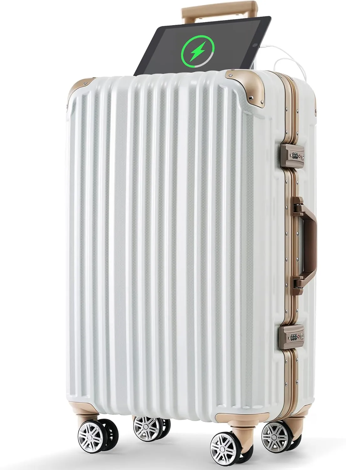 Travel Smart with 24in Aluminum Frame Luggage, Spinner Wheels, USB Charging, White