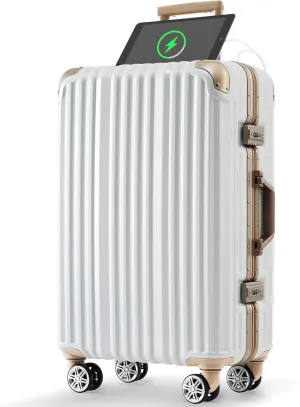 Travel Smart with 24in Aluminum Frame Luggage, Spinner Wheels, USB Charging, White