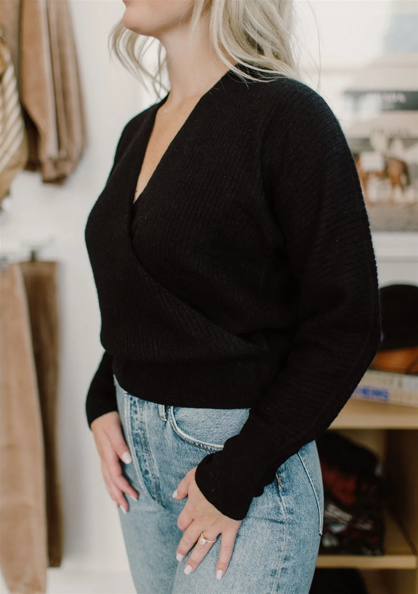White   Warren - Cashmere Rib Stitch Wrap Top in Black