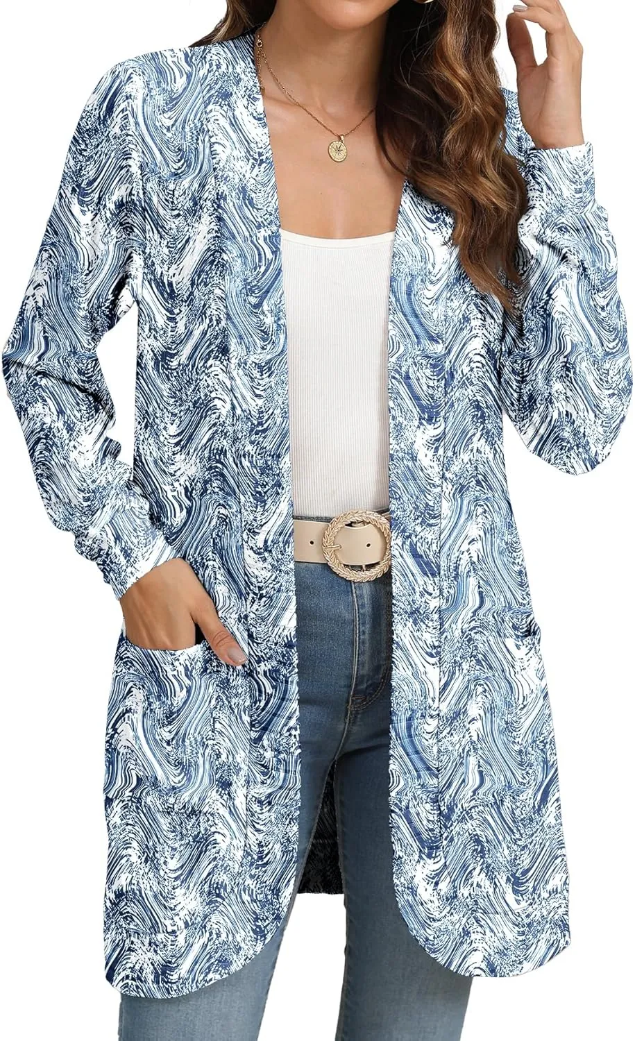 Women Long Sleeve Open Front Cardigan Casual Lightweight Long Cardigans Loose Knit Outwear with Pockets