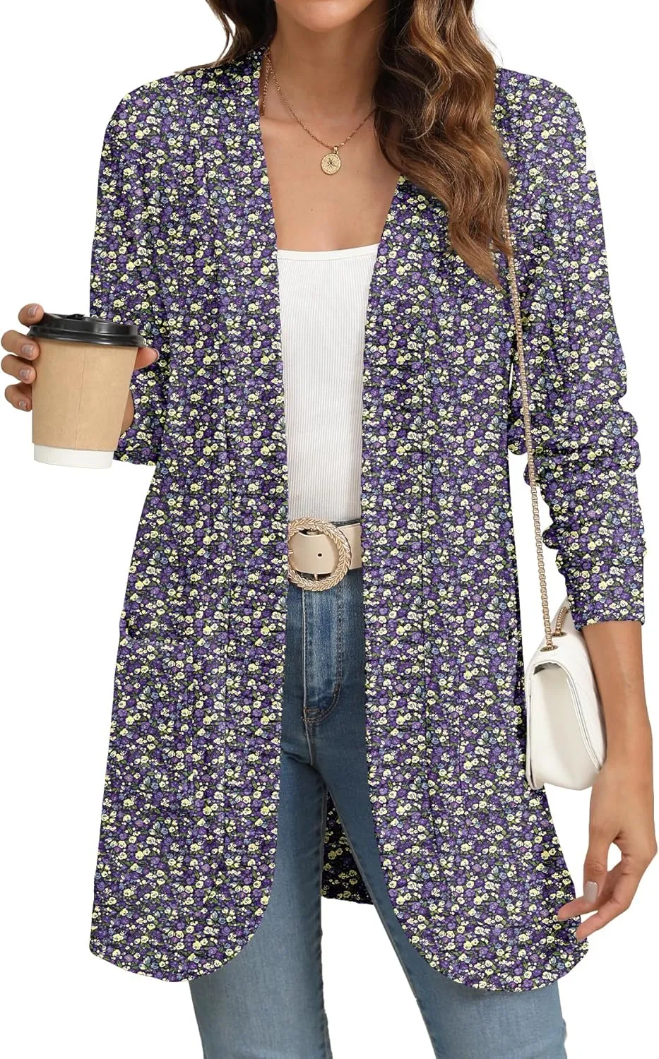 Women Long Sleeve Open Front Cardigan Casual Lightweight Long Cardigans Loose Knit Outwear with Pockets