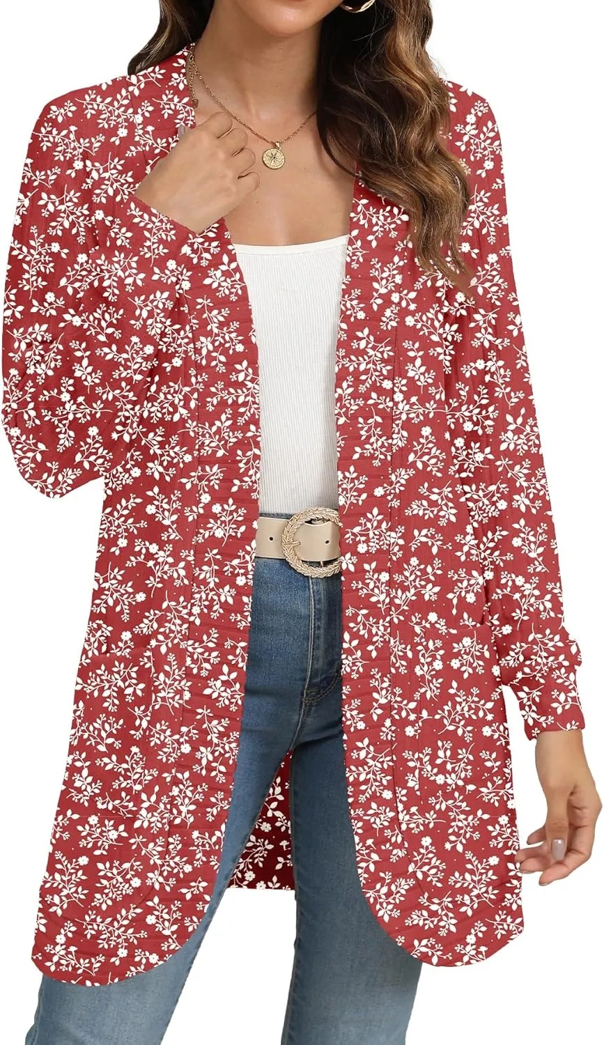 Women Long Sleeve Open Front Cardigan Casual Lightweight Long Cardigans Loose Knit Outwear with Pockets