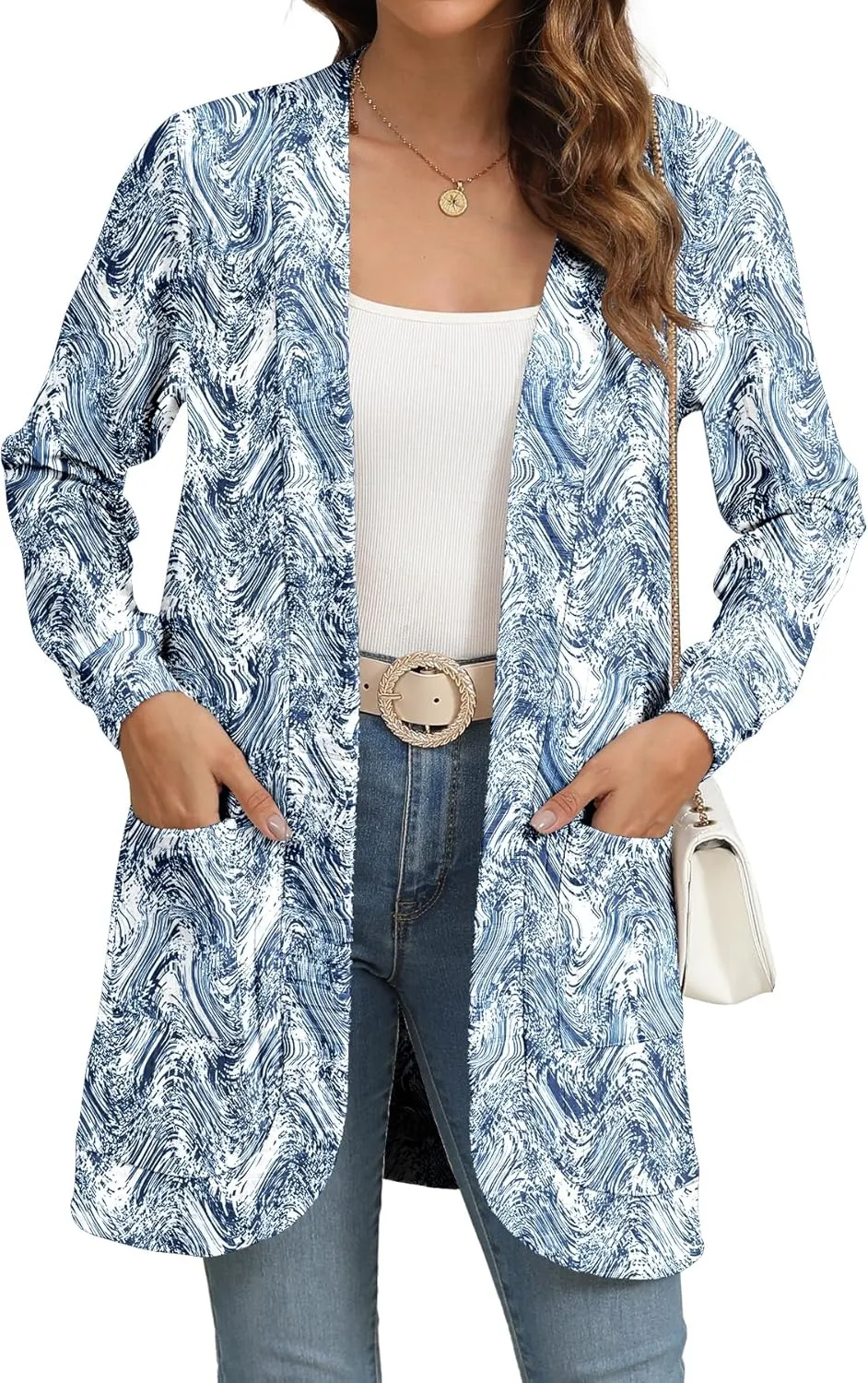 Women Long Sleeve Open Front Cardigan Casual Lightweight Long Cardigans Loose Knit Outwear with Pockets