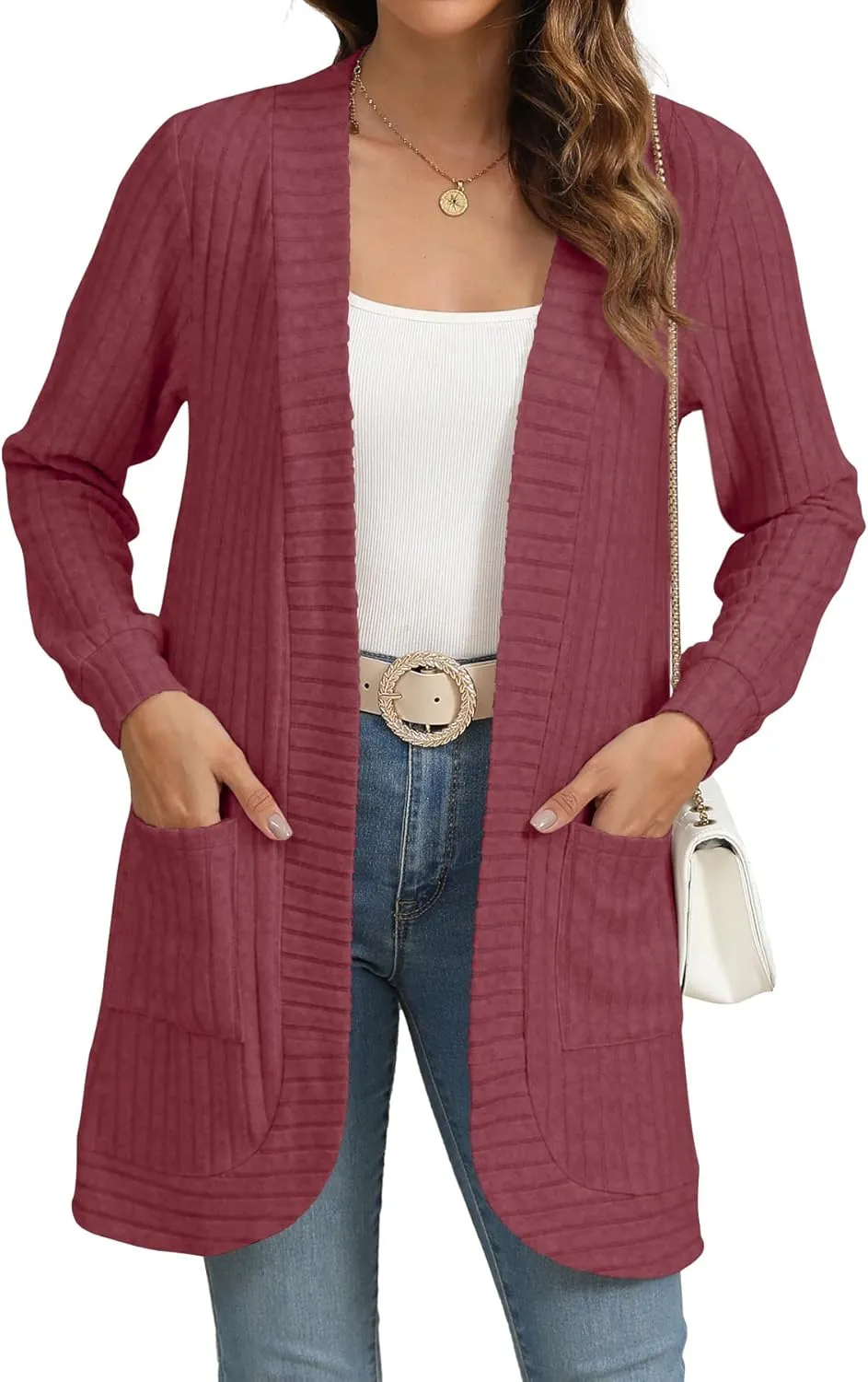 Women Long Sleeve Open Front Cardigan Casual Lightweight Long Cardigans Loose Knit Outwear with Pockets