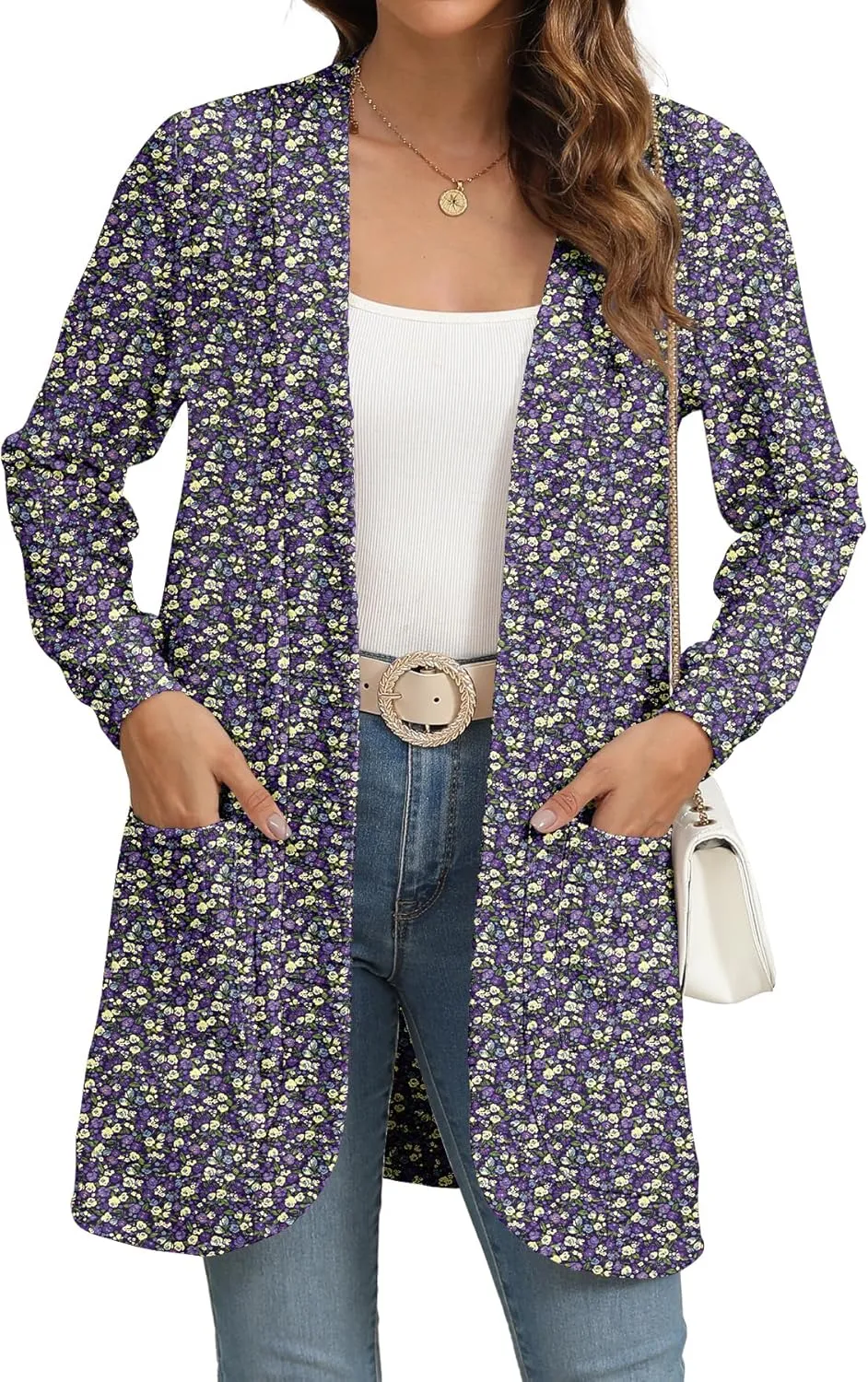 Women Long Sleeve Open Front Cardigan Casual Lightweight Long Cardigans Loose Knit Outwear with Pockets