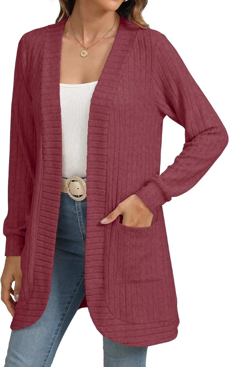 Women Long Sleeve Open Front Cardigan Casual Lightweight Long Cardigans Loose Knit Outwear with Pockets