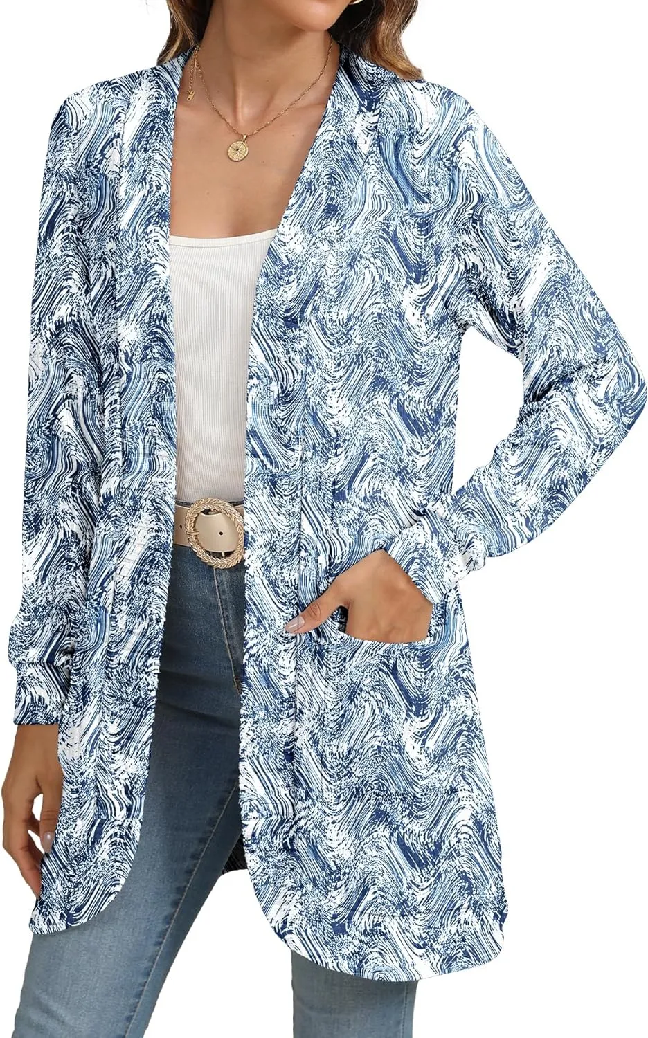 Women Long Sleeve Open Front Cardigan Casual Lightweight Long Cardigans Loose Knit Outwear with Pockets