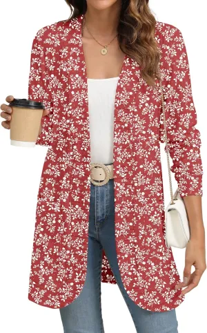 Women Long Sleeve Open Front Cardigan Casual Lightweight Long Cardigans Loose Knit Outwear with Pockets