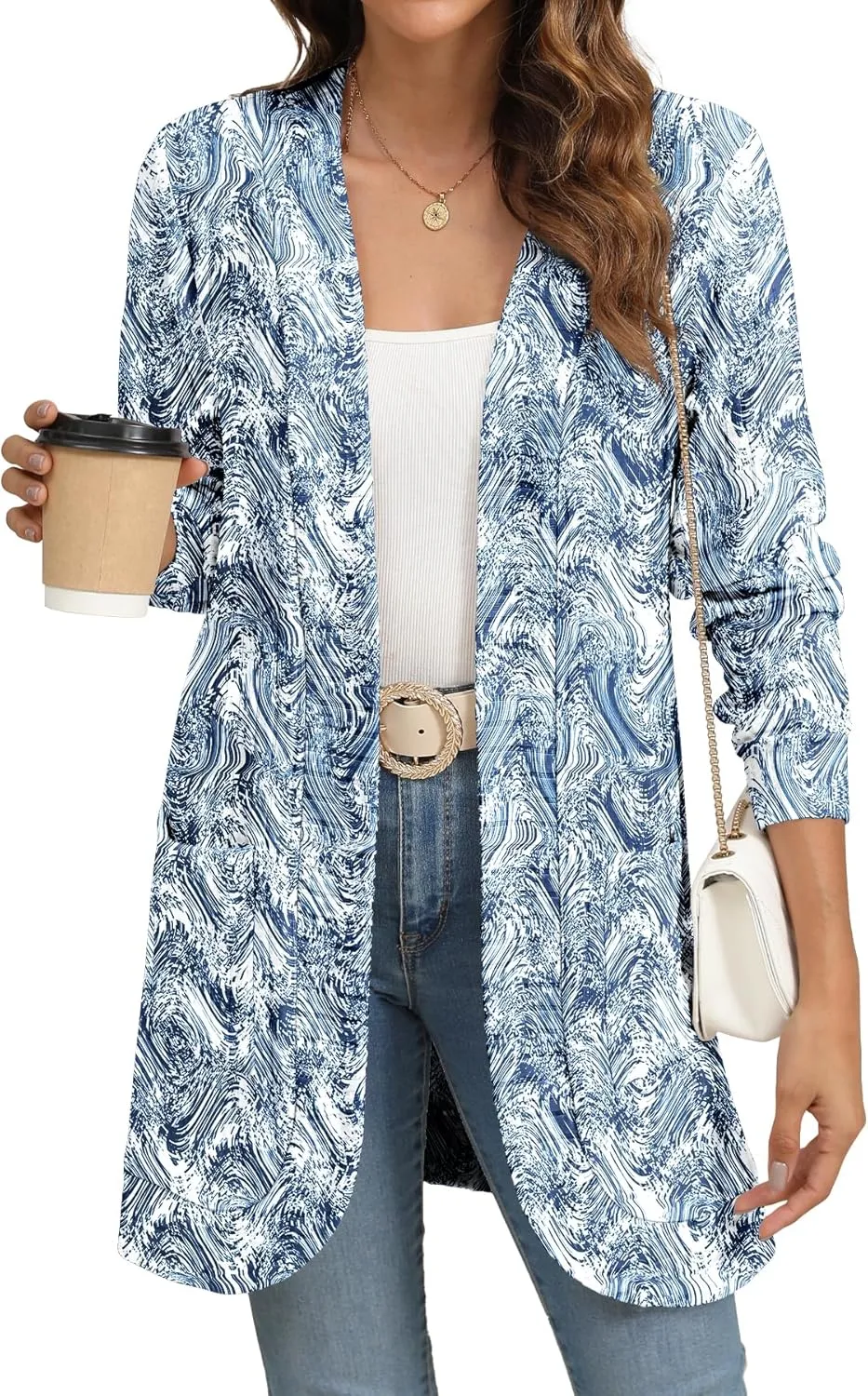 Women Long Sleeve Open Front Cardigan Casual Lightweight Long Cardigans Loose Knit Outwear with Pockets