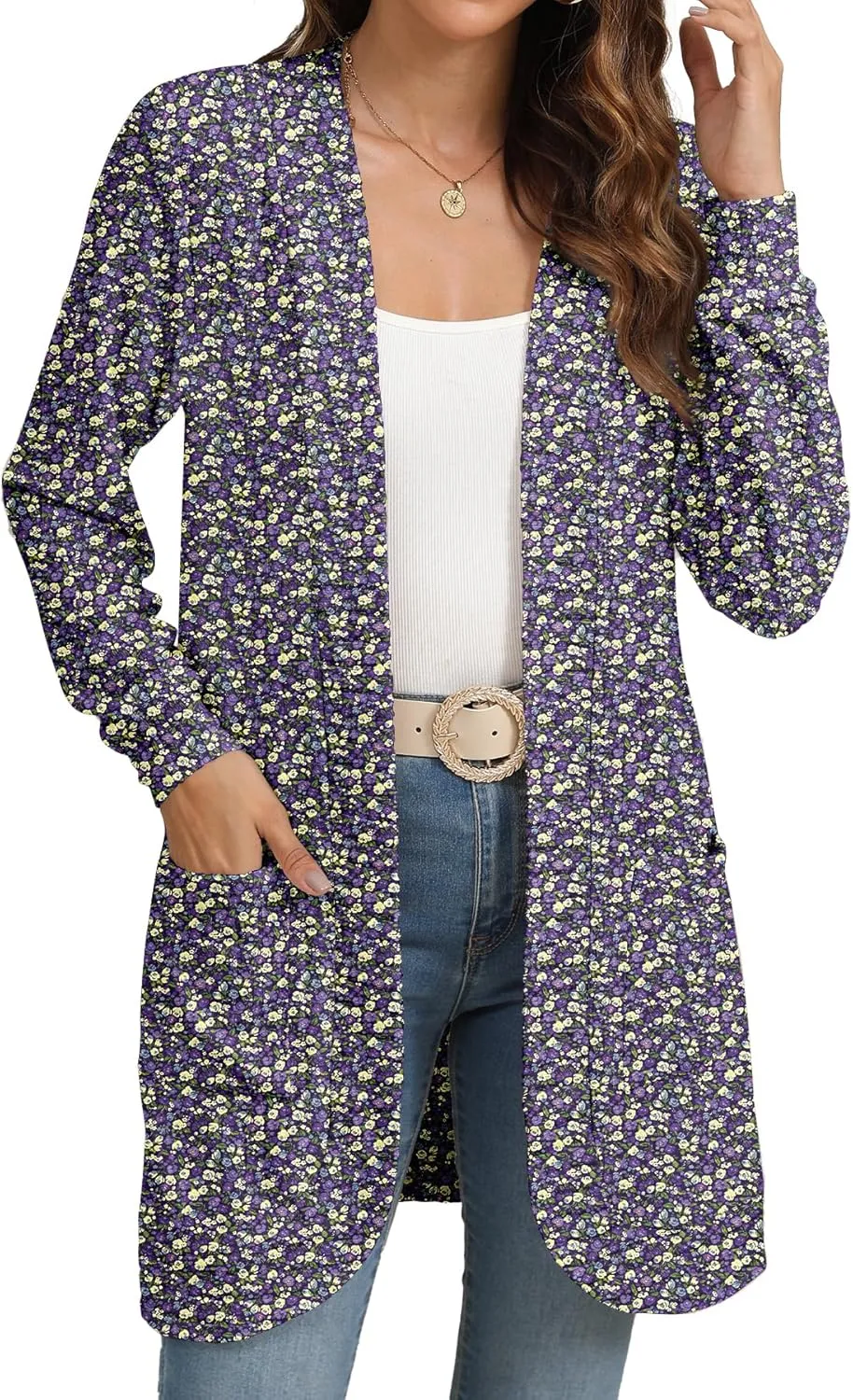Women Long Sleeve Open Front Cardigan Casual Lightweight Long Cardigans Loose Knit Outwear with Pockets