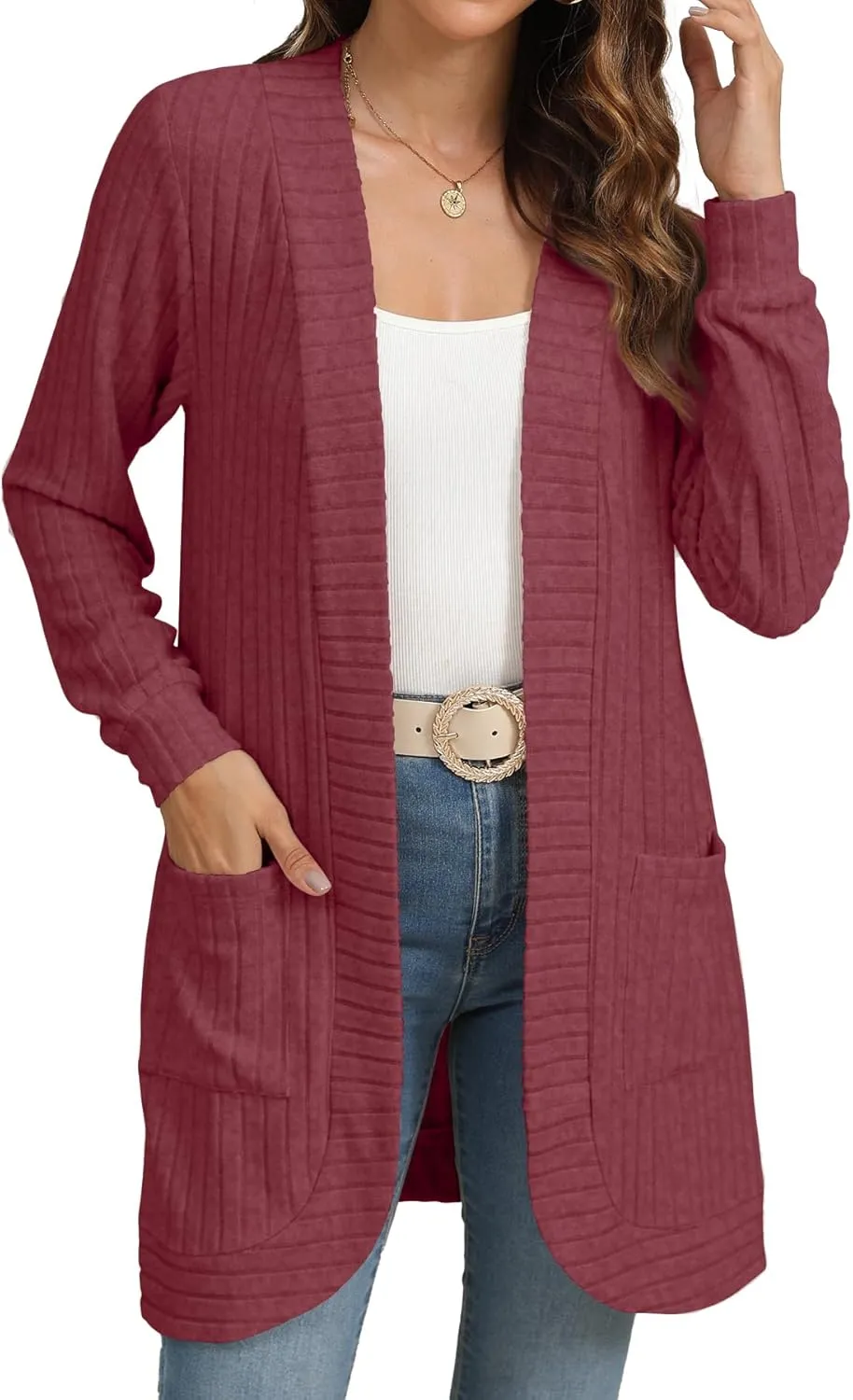 Women Long Sleeve Open Front Cardigan Casual Lightweight Long Cardigans Loose Knit Outwear with Pockets