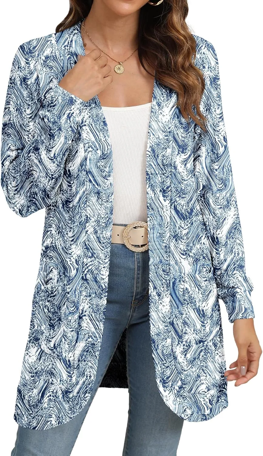 Women Long Sleeve Open Front Cardigan Casual Lightweight Long Cardigans Loose Knit Outwear with Pockets