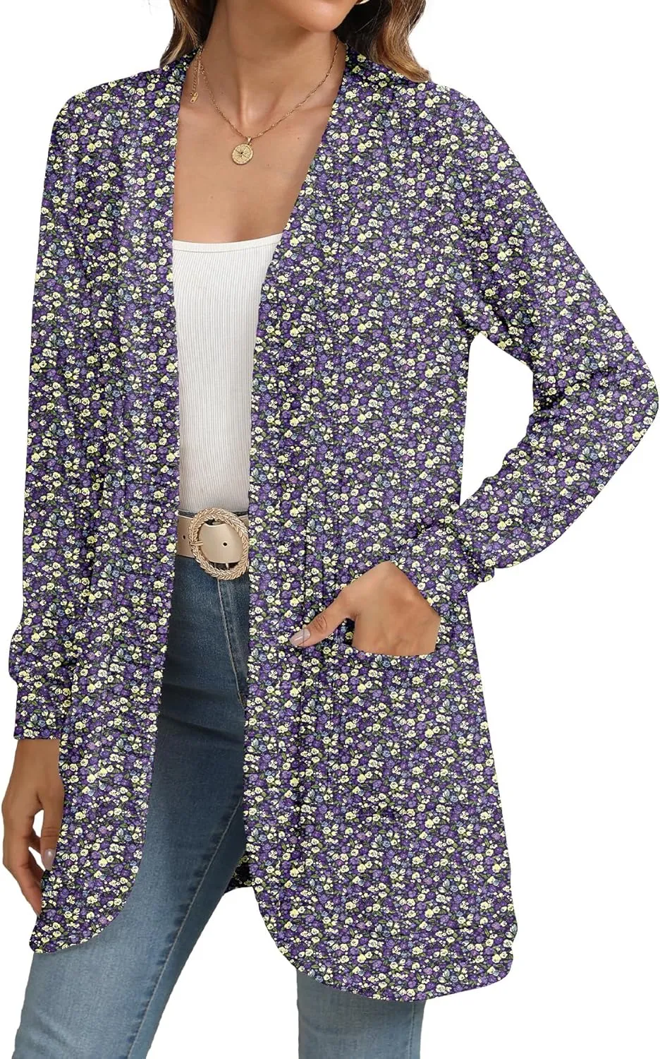 Women Long Sleeve Open Front Cardigan Casual Lightweight Long Cardigans Loose Knit Outwear with Pockets