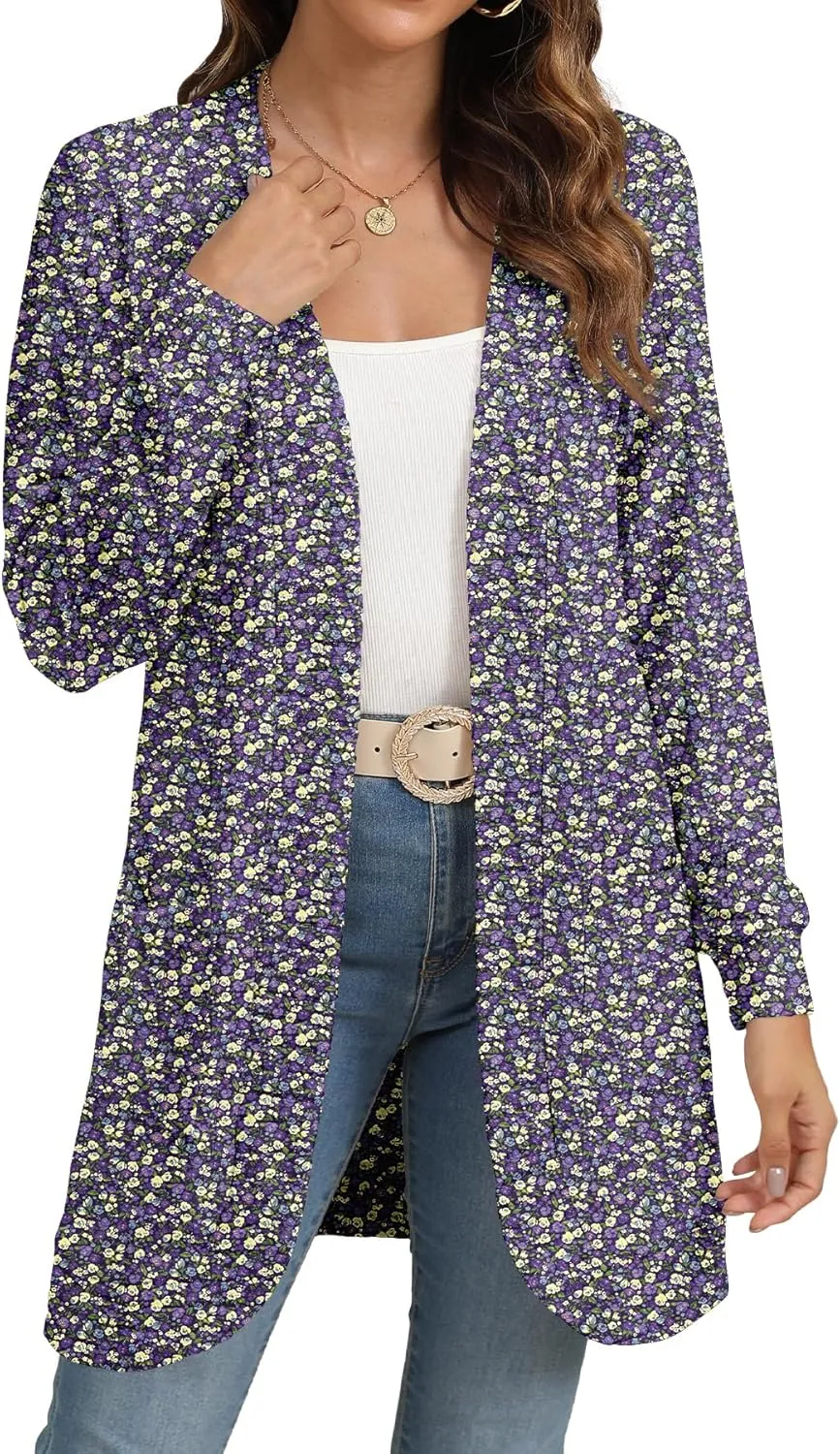 Women Long Sleeve Open Front Cardigan Casual Lightweight Long Cardigans Loose Knit Outwear with Pockets