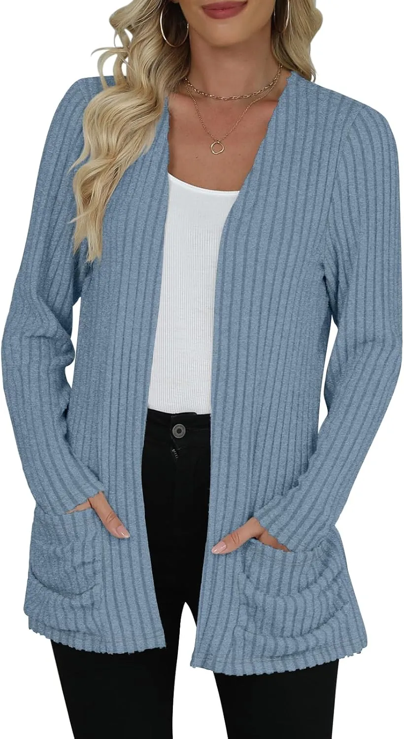 Women's Cardigan Lightweight Long Sleeve Open Front Cardigans with Pockets (Blue-2, XL)
