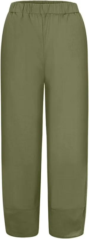 Women's Cotton Linen Summer Lightweigt Pants Elastic Waisted Long Lounge Slim-Fit Palazzo Lounge Pants