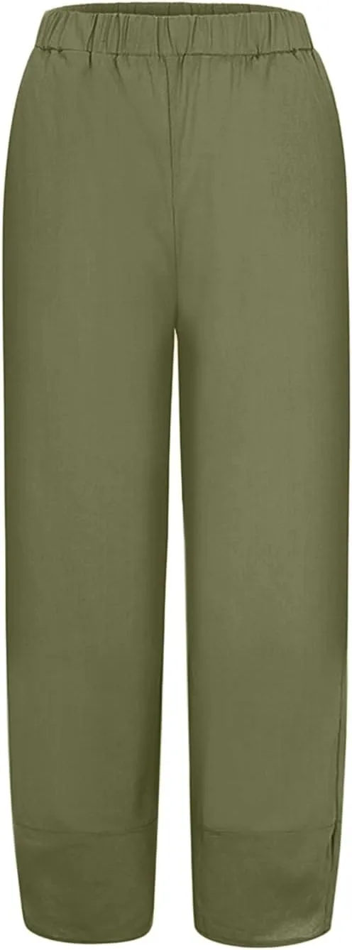 Women's Cotton Linen Summer Lightweigt Pants Elastic Waisted Long Lounge Slim-Fit Palazzo Lounge Pants