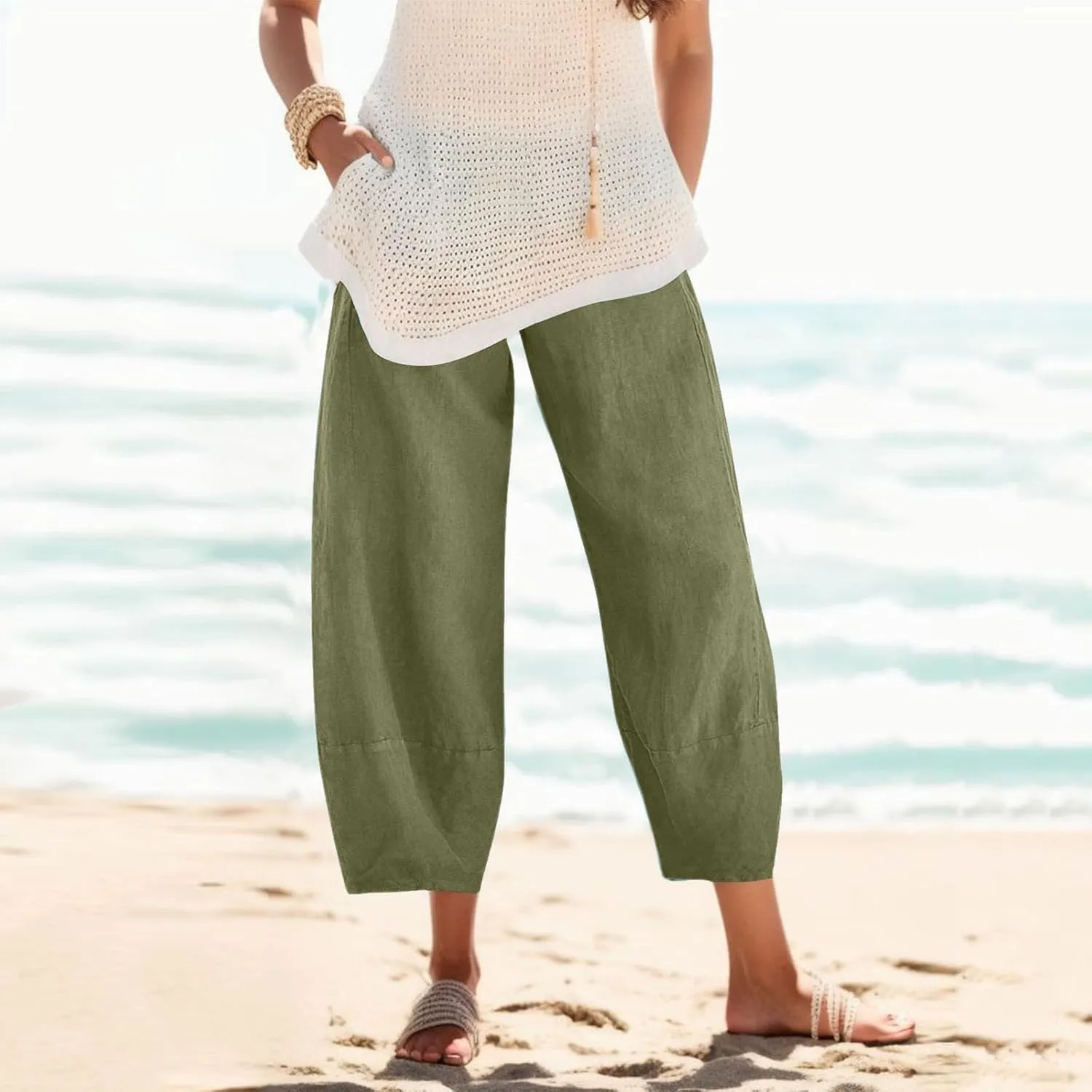 Women's Cotton Linen Summer Lightweigt Pants Elastic Waisted Long Lounge Slim-Fit Palazzo Lounge Pants