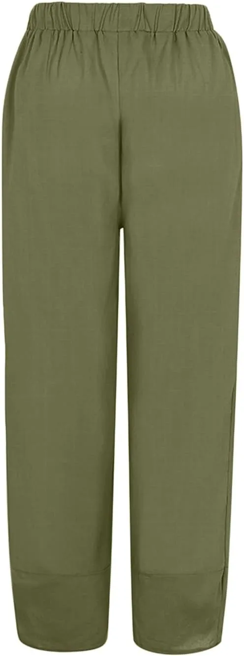 Women's Cotton Linen Summer Lightweigt Pants Elastic Waisted Long Lounge Slim-Fit Palazzo Lounge Pants
