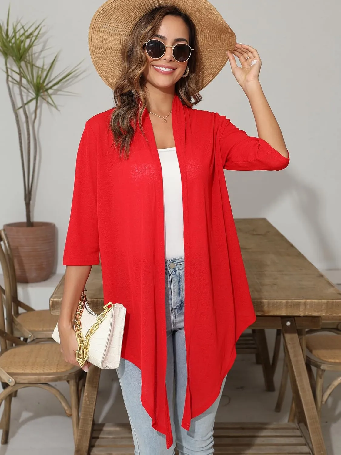 Women's Lightweight Open Front Cardigans 3/4 Sleeve Casual Soft Sheer Cardigan S-3XL