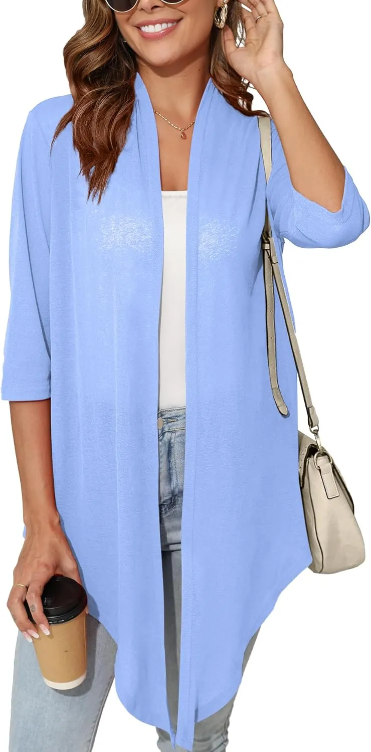Women's Lightweight Open Front Cardigans 3/4 Sleeve Casual Soft Sheer Cardigan S-3XL