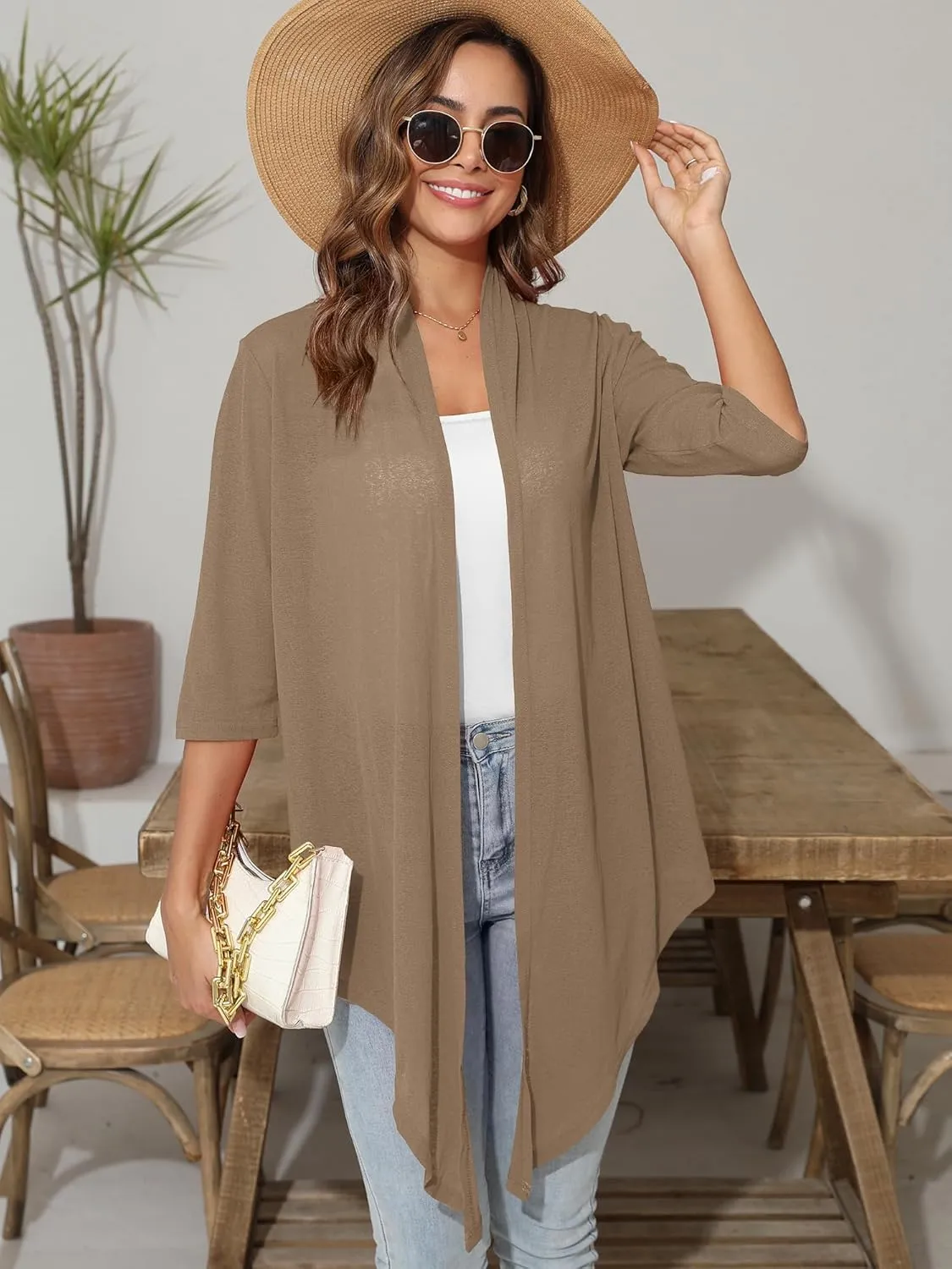 Women's Lightweight Open Front Cardigans 3/4 Sleeve Casual Soft Sheer Cardigan S-3XL