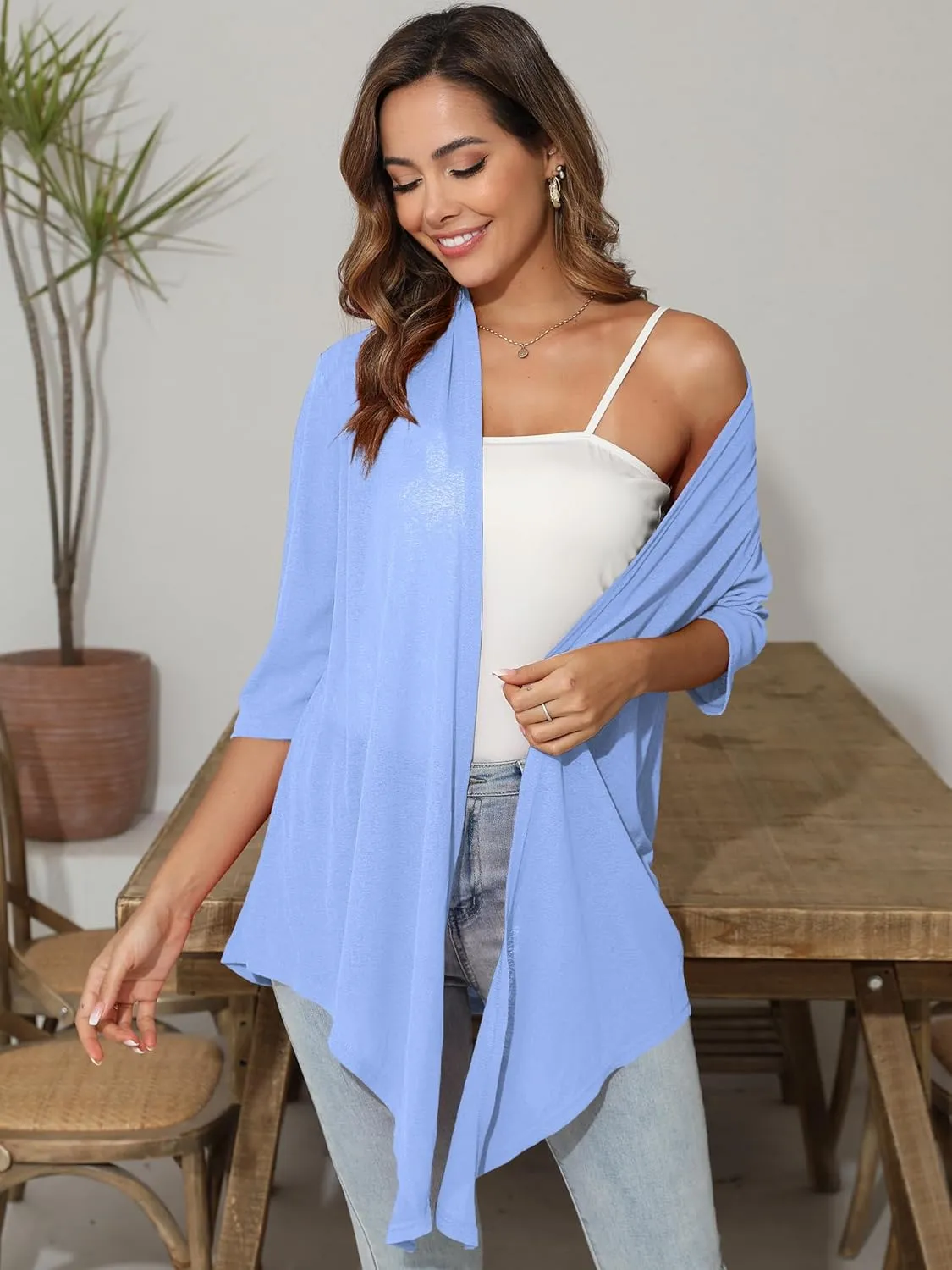Women's Lightweight Open Front Cardigans 3/4 Sleeve Casual Soft Sheer Cardigan S-3XL