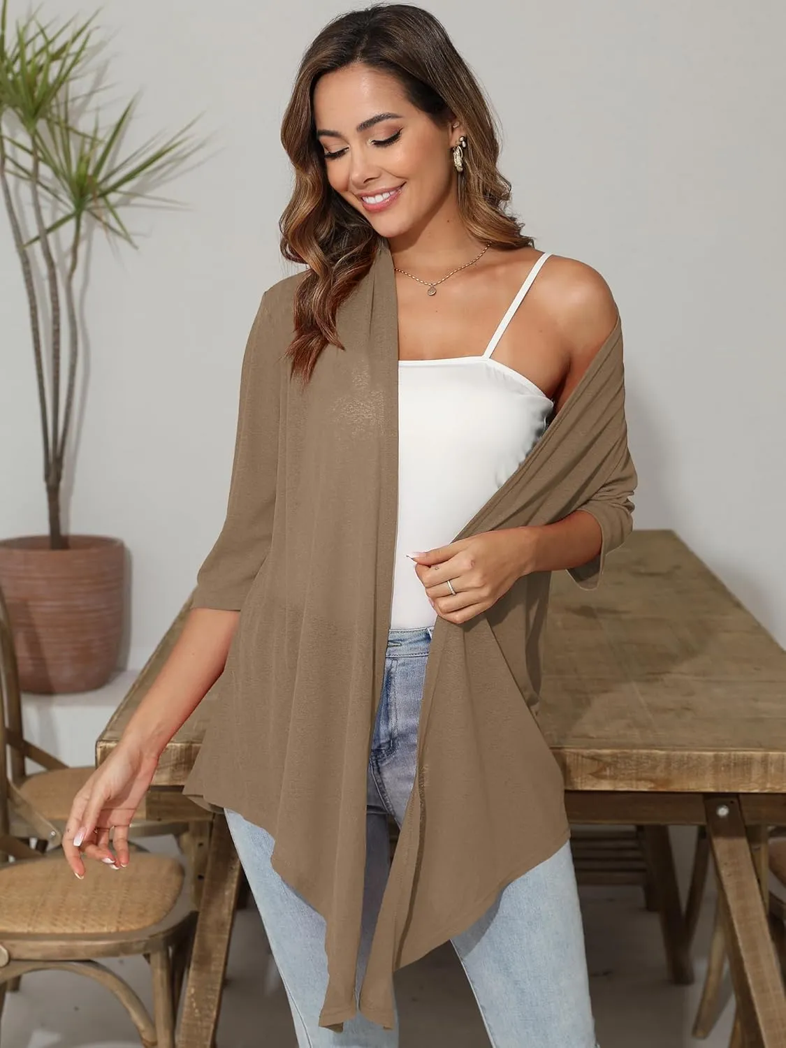 Women's Lightweight Open Front Cardigans 3/4 Sleeve Casual Soft Sheer Cardigan S-3XL