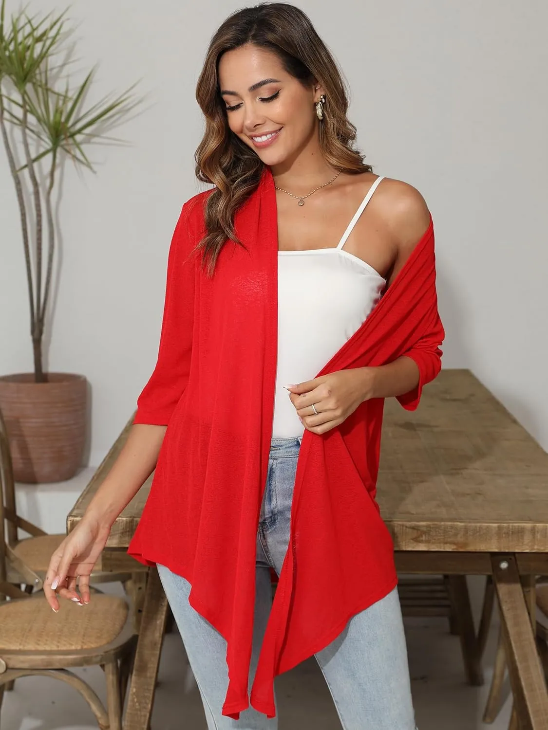 Women's Lightweight Open Front Cardigans 3/4 Sleeve Casual Soft Sheer Cardigan S-3XL