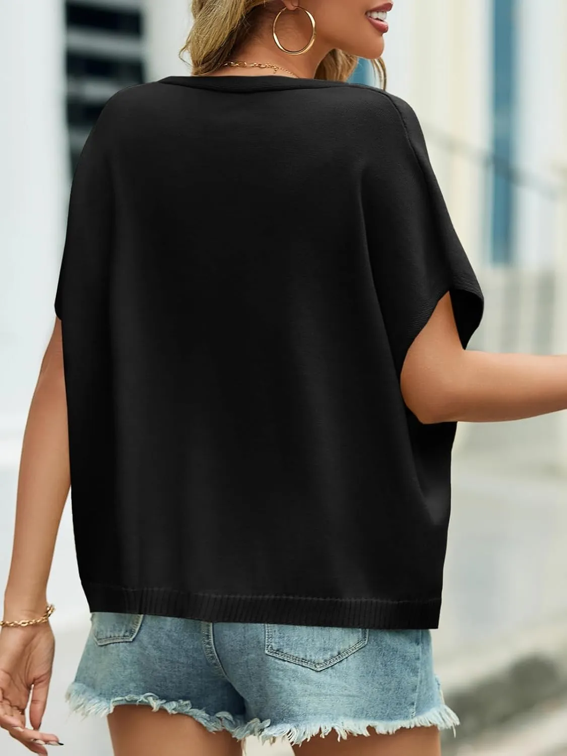Womens Oversized Button Down Shirts Short Sleeve V Neck Knit Cardigans Batwing Lightweight Sweaters