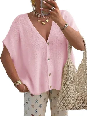 Womens Oversized Button Down Shirts Short Sleeve V Neck Knit Cardigans Batwing Lightweight Sweaters