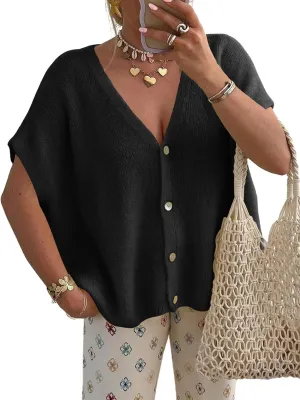 Womens Oversized Button Down Shirts Short Sleeve V Neck Knit Cardigans Batwing Lightweight Sweaters