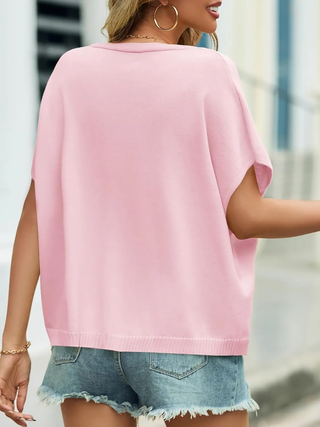Womens Oversized Button Down Shirts Short Sleeve V Neck Knit Cardigans Batwing Lightweight Sweaters
