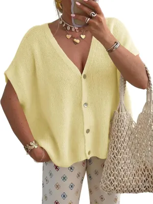 Womens Oversized Button Down Shirts Short Sleeve V Neck Knit Cardigans Batwing Lightweight Sweaters