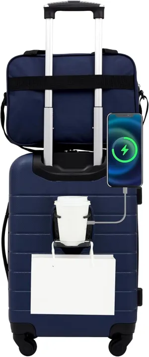 Wrangler Smart Luggage Cup Holder and USB Port, Navy Blue, 2 Piece Set