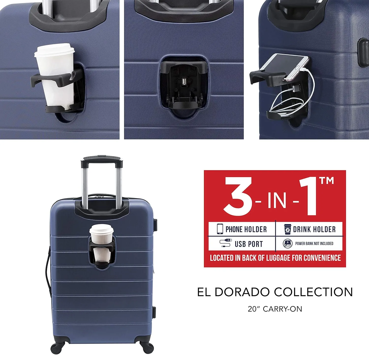 Wrangler Smart Luggage Cup Holder and USB Port, Navy Blue, 2 Piece Set