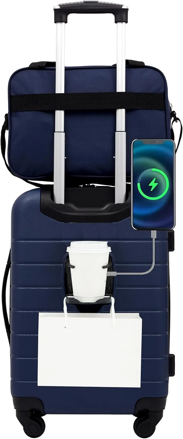 Wrangler Smart Luggage Cup Holder and USB Port, Navy Blue, 2 Piece Set